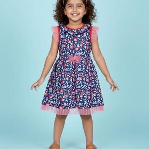 KiddoPanti Girls 100% Cotton Frill All Over Printed Sleeveless Dress