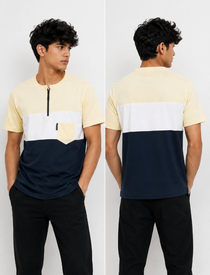 Premium Color-Block Zipper Neck T-Shirt with Chest Pocket - Image 2