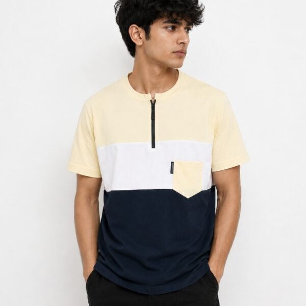Premium Color-Block Zipper Neck T-Shirt with Chest Pocket