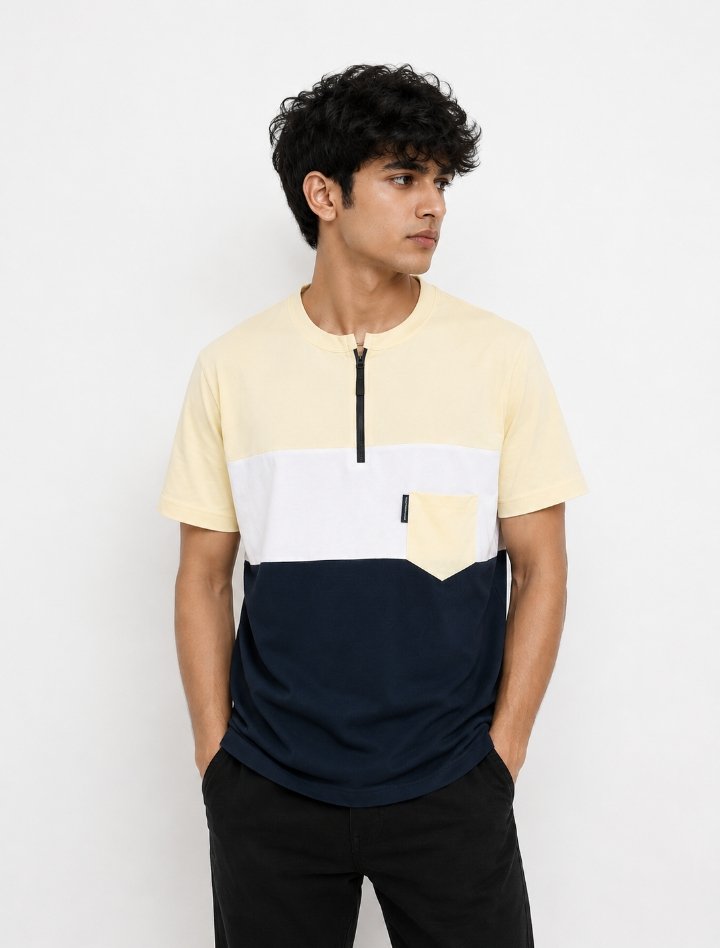 Premium Color-Block Zipper Neck T-Shirt with Chest Pocket