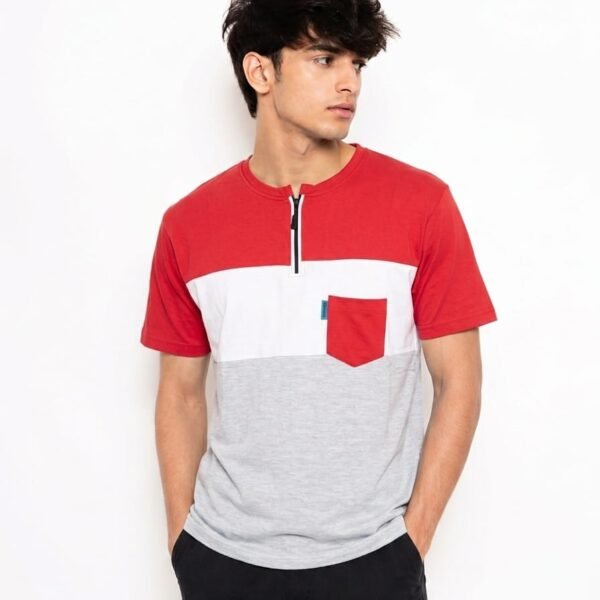 Premium Matty Color-Block Zipper T-Shirt - Red/White/Grey