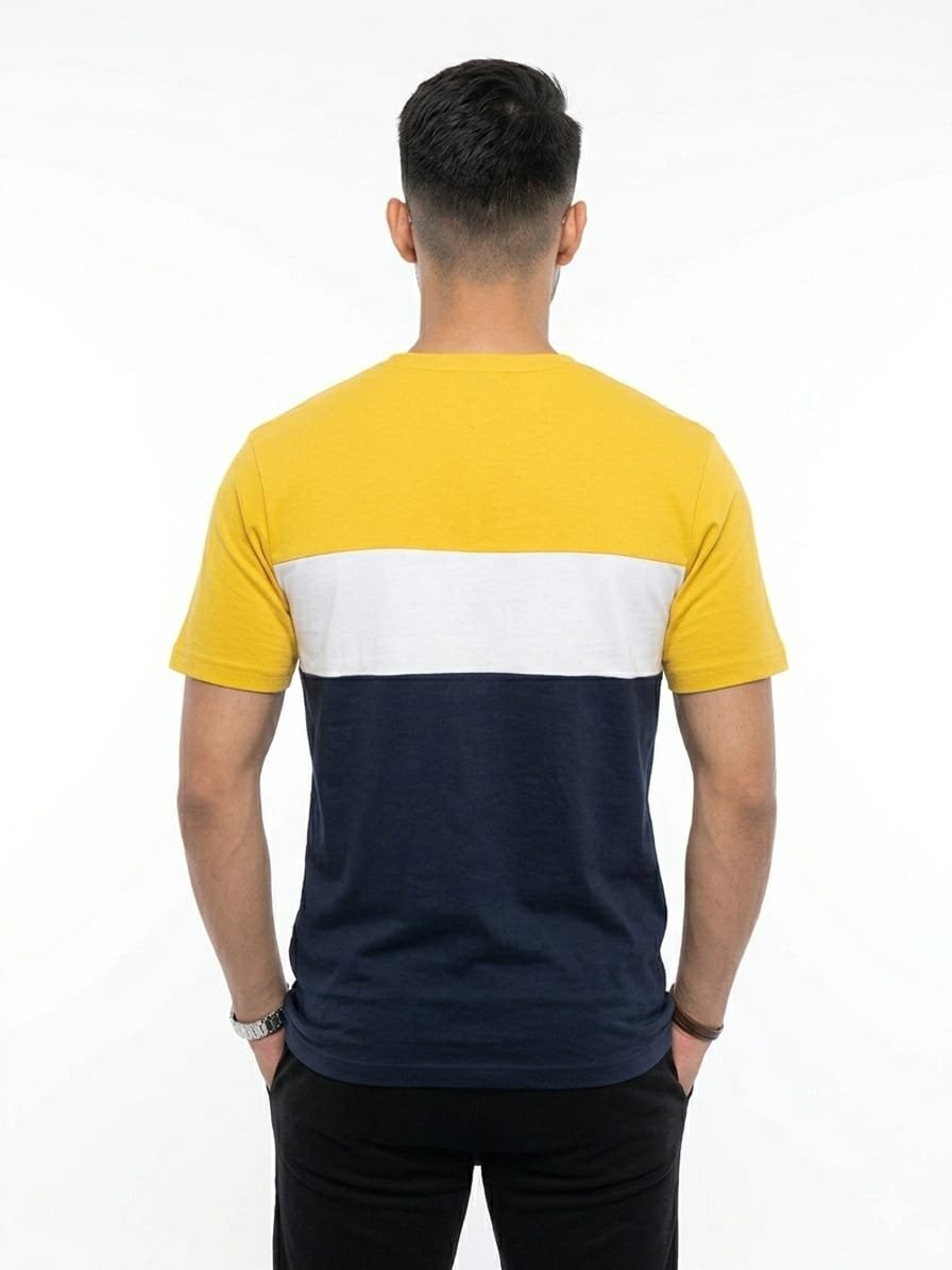 Premium Matty Color-Block Zipper T-Shirt - Yellow/White/Navy - Image 2