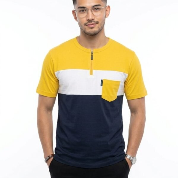 Premium Matty Color-Block Zipper T-Shirt - Yellow/White/Navy