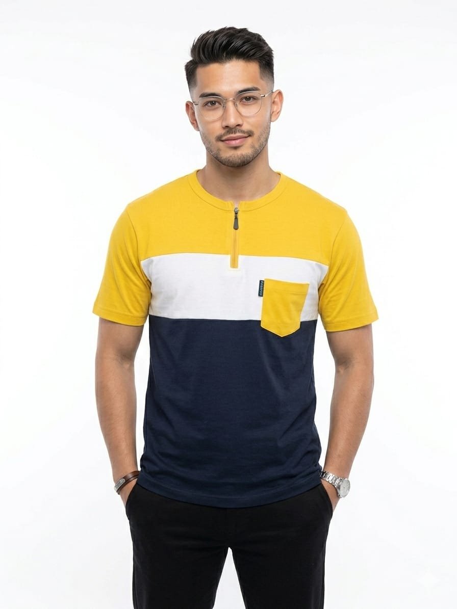 Premium Matty Color-Block Zipper T-Shirt - Yellow/White/Navy