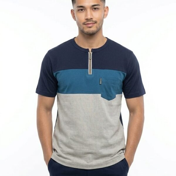 Premium Matty Color-Block Zipper T-Shirt - Navy/Blue/Grey
