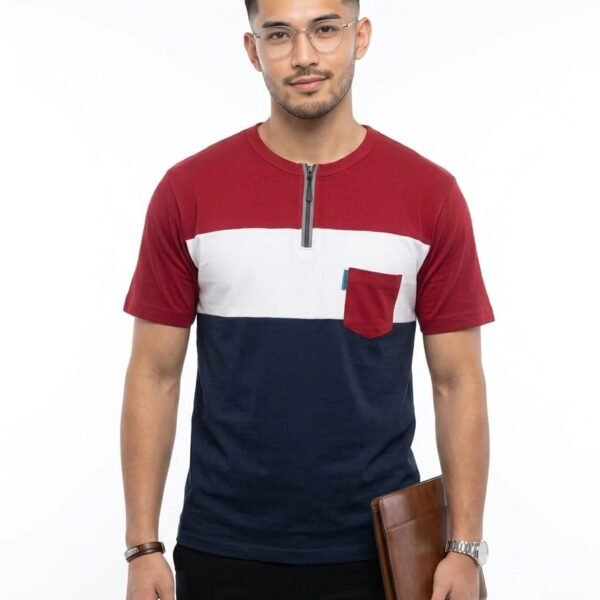 Premium Matty Color-Block Zipper T-Shirt - Maroon/White/Navy