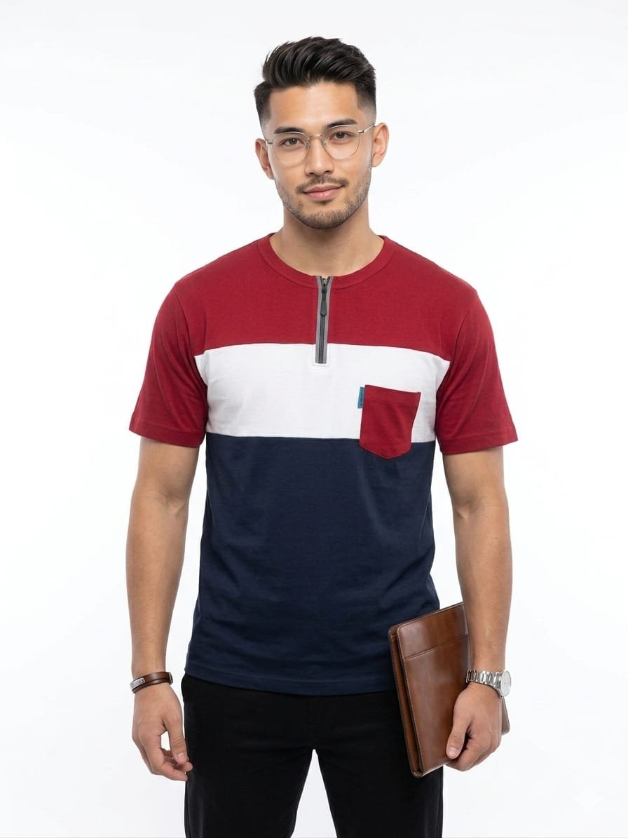 Premium Matty Color-Block Zipper T-Shirt - Maroon/White/Navy