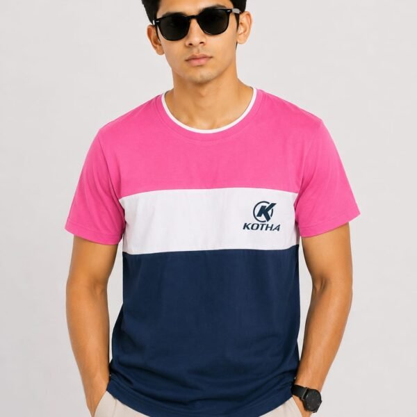 KOTHA Premium Color-Block Round Neck T-Shirt - Pink/White/Navy