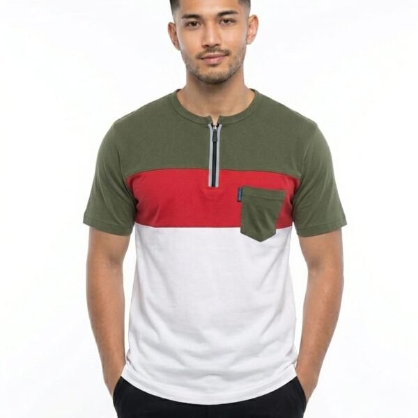 Premium Matty Color-Block Zipper T-Shirt - Olive/Red/White
