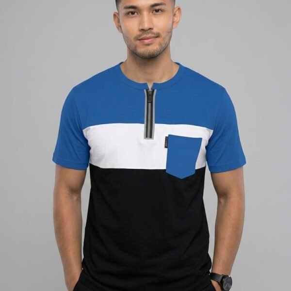 Premium Matty Color-Block Zipper T-Shirt - Blue/White/Black