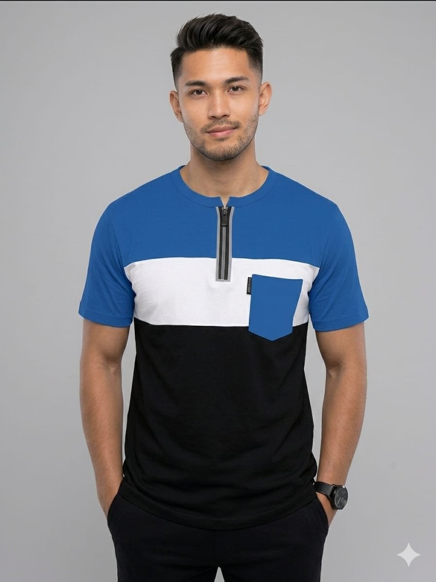 Premium Matty Color-Block Zipper T-Shirt - Blue/White/Black