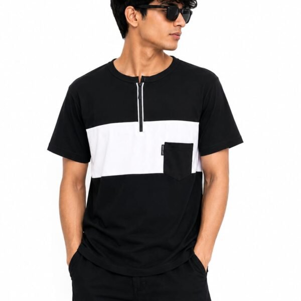 Premium Matty Color-Block Zipper T-Shirt - Black/White