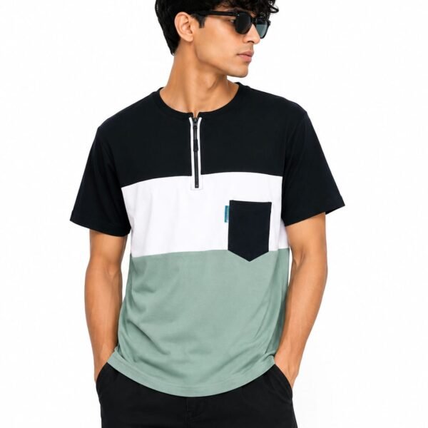 Premium Matty Color-Block Zipper T-Shirt - Black/White/Light Green
