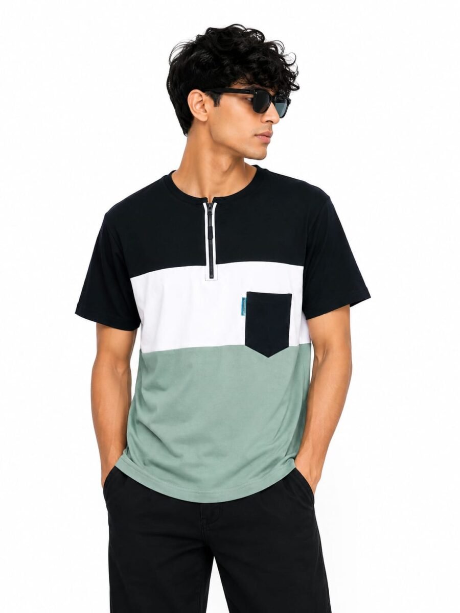 Premium Matty Color-Block Zipper T-Shirt - Black/White/Light Green