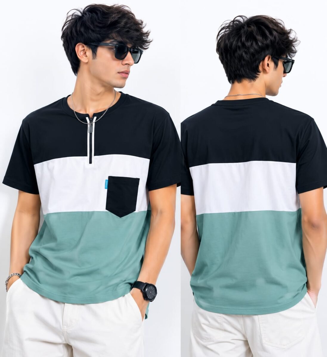 Premium Matty Color-Block Zipper T-Shirt - Black/White/Light Green - Image 2