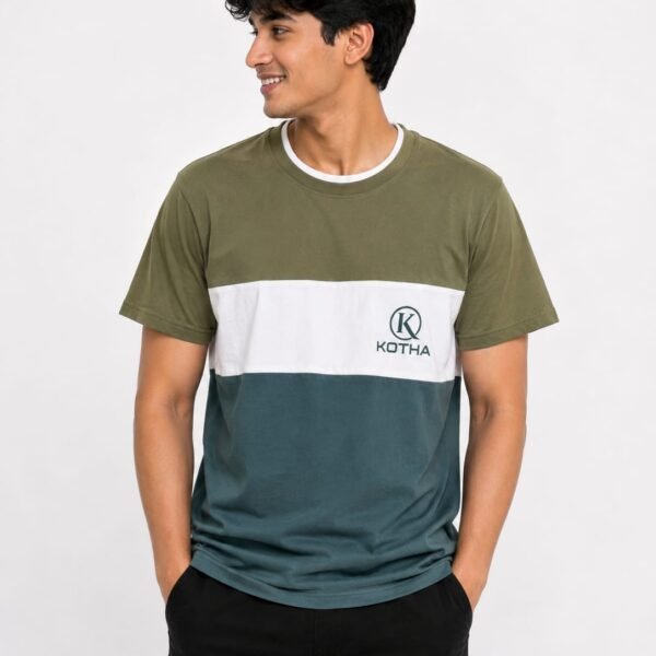 KOTHA Premium Color-Block Round Neck T-Shirt - Olive/White/Teal