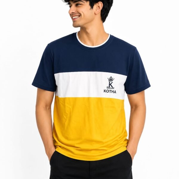KOTHA Premium Color-Block Round Neck T-Shirt - Navy/White/Mustard