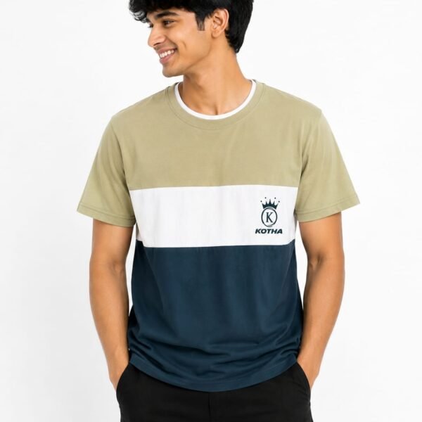 KOTHA Premium Color-Block Round Neck T-Shirt - Beige/White/Navy