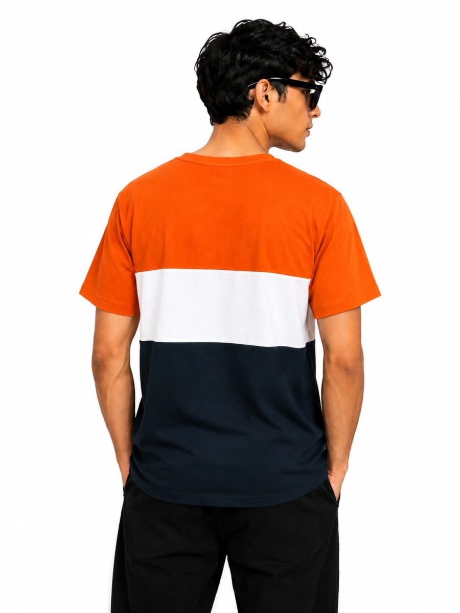 Premium Matty Color-Block Zipper T-Shirt - Orange/White/Navy - Image 2