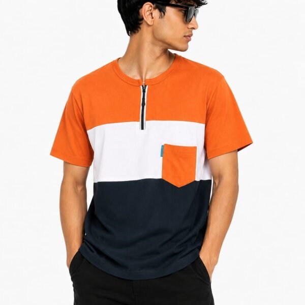 Premium Matty Color-Block Zipper T-Shirt - Orange/White/Navy