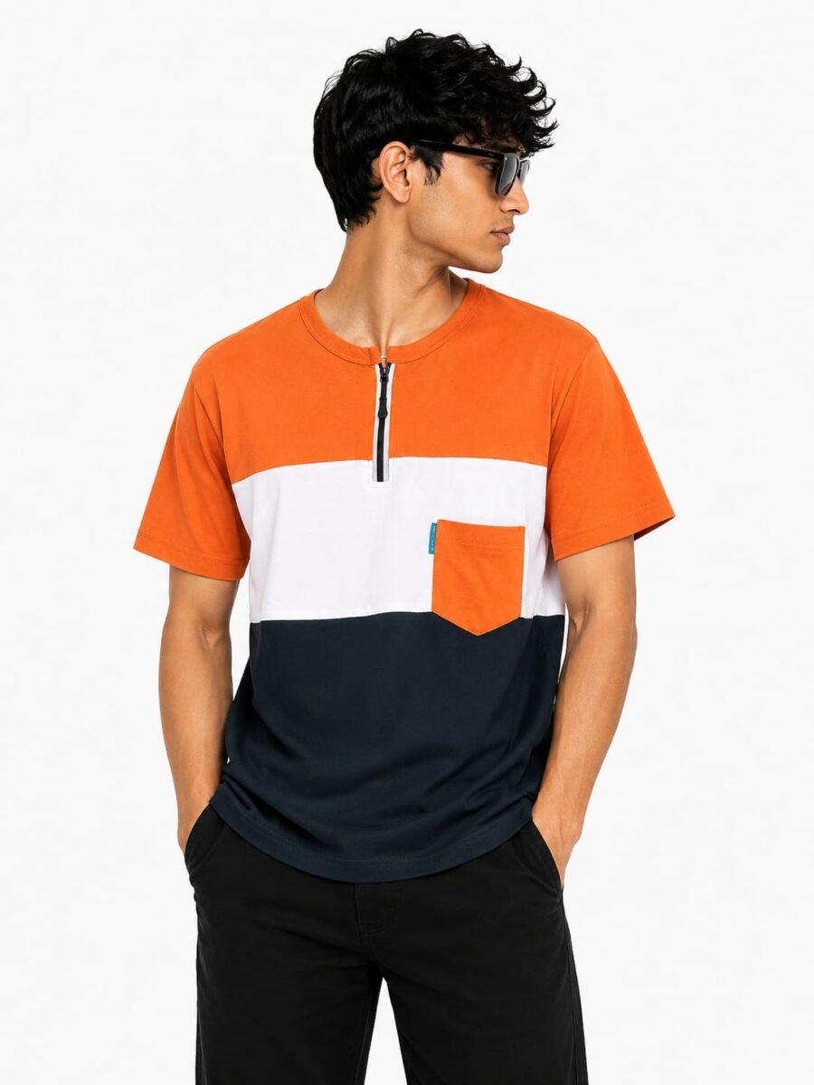 Premium Matty Color-Block Zipper T-Shirt - Orange/White/Navy