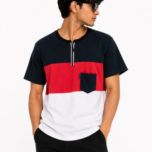 Premium Matty Color-Block Zipper T-Shirt - Navy/Red/White
