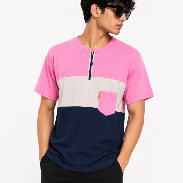 Premium Matty Color-Block Zipper T-Shirt - Pink/Grey/Navy