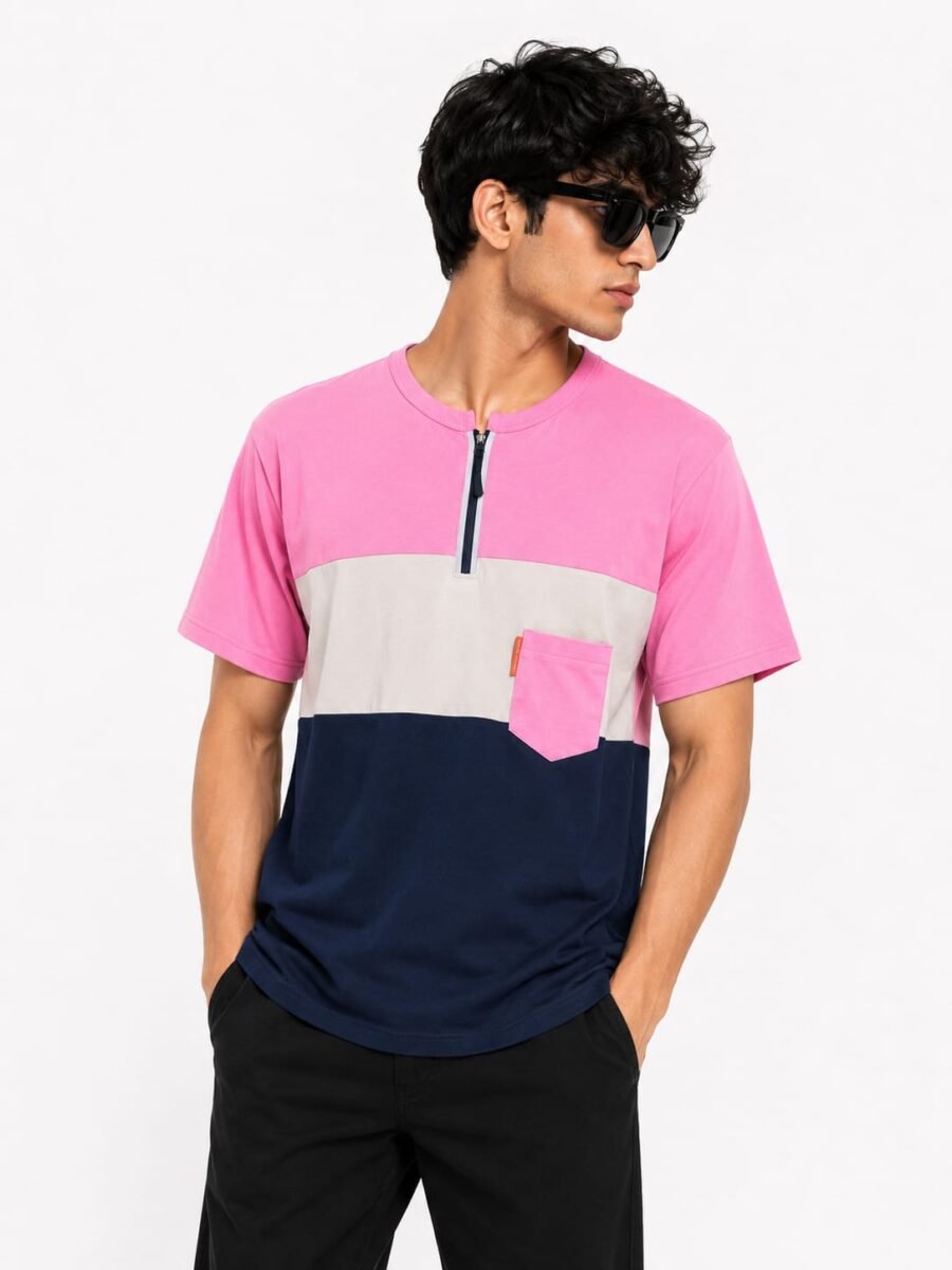 Premium Matty Color-Block Zipper T-Shirt - Pink/Grey/Navy
