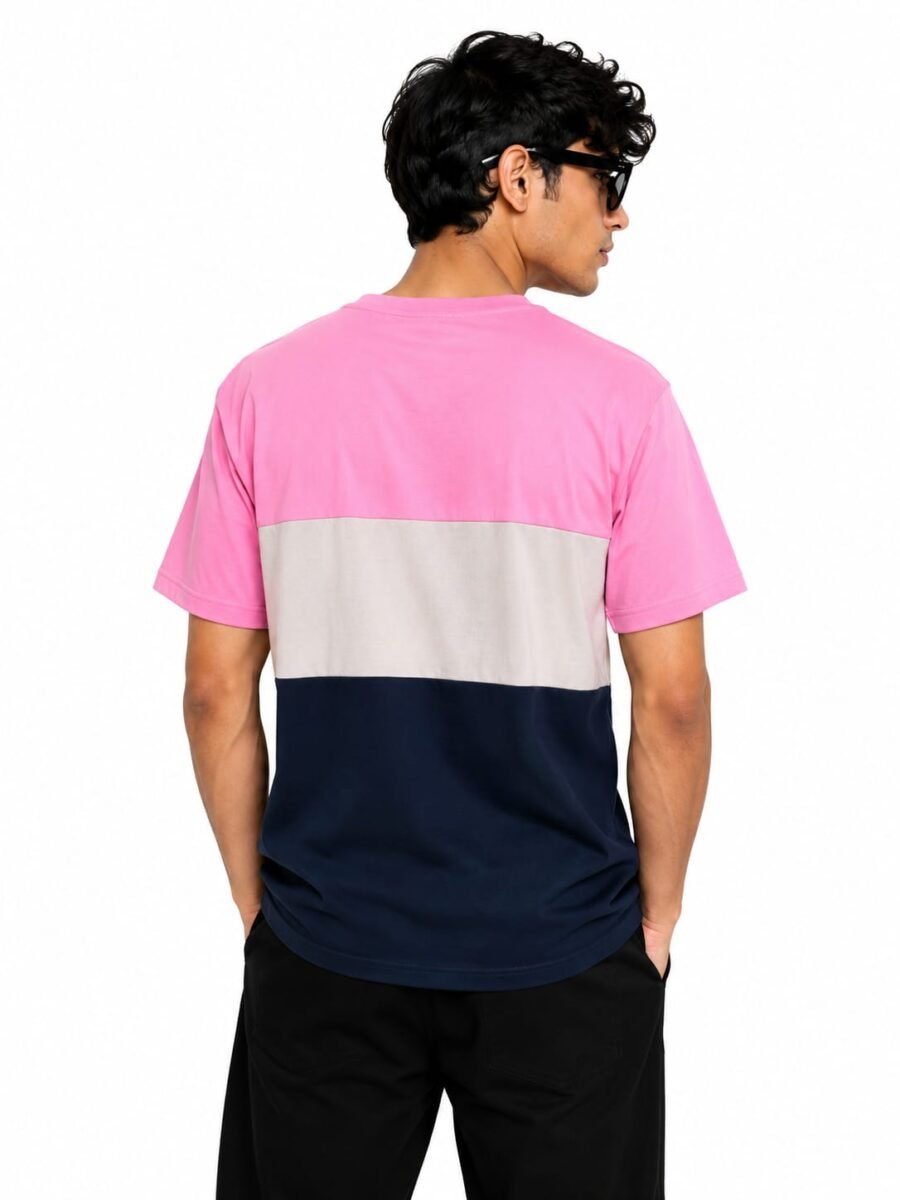Premium Matty Color-Block Zipper T-Shirt - Pink/Grey/Navy - Image 2
