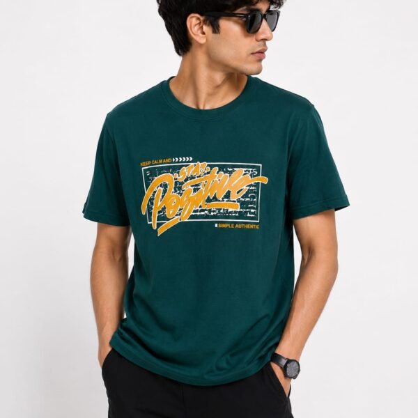 "Stay Positive" Graphic Printed Dark Green T-Shirt - Premium Casual Wear