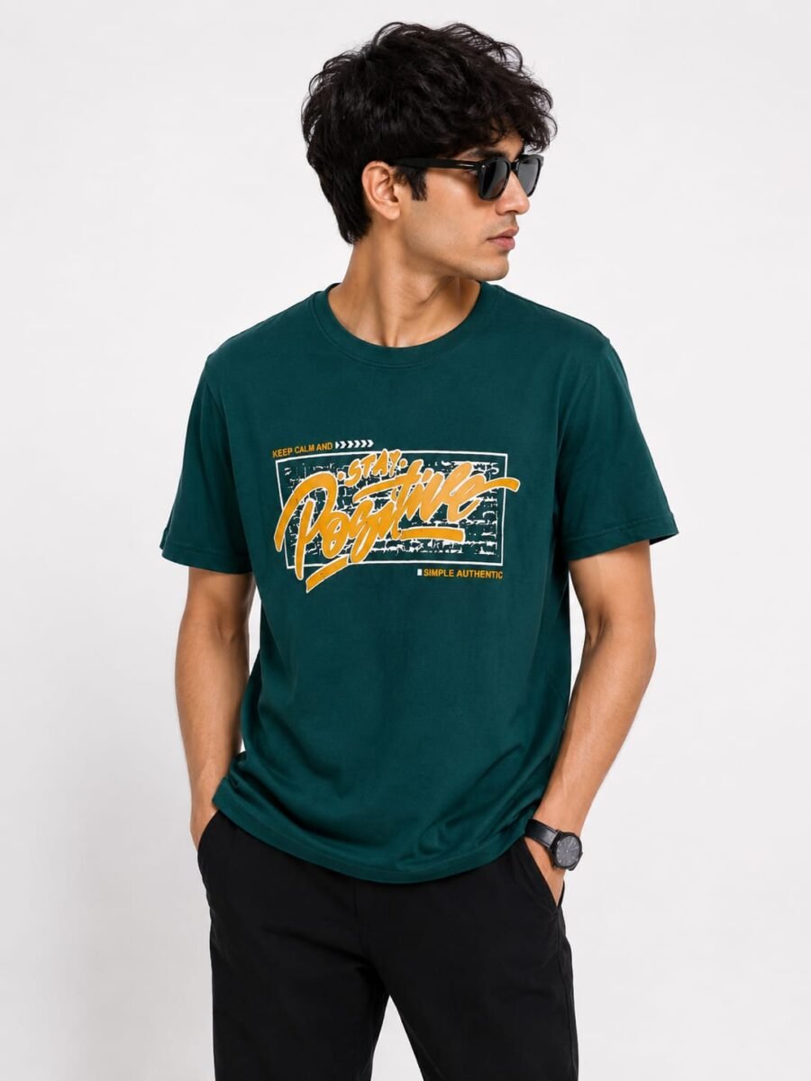 "Stay Positive" Graphic Printed Dark Green T-Shirt - Premium Casual Wear