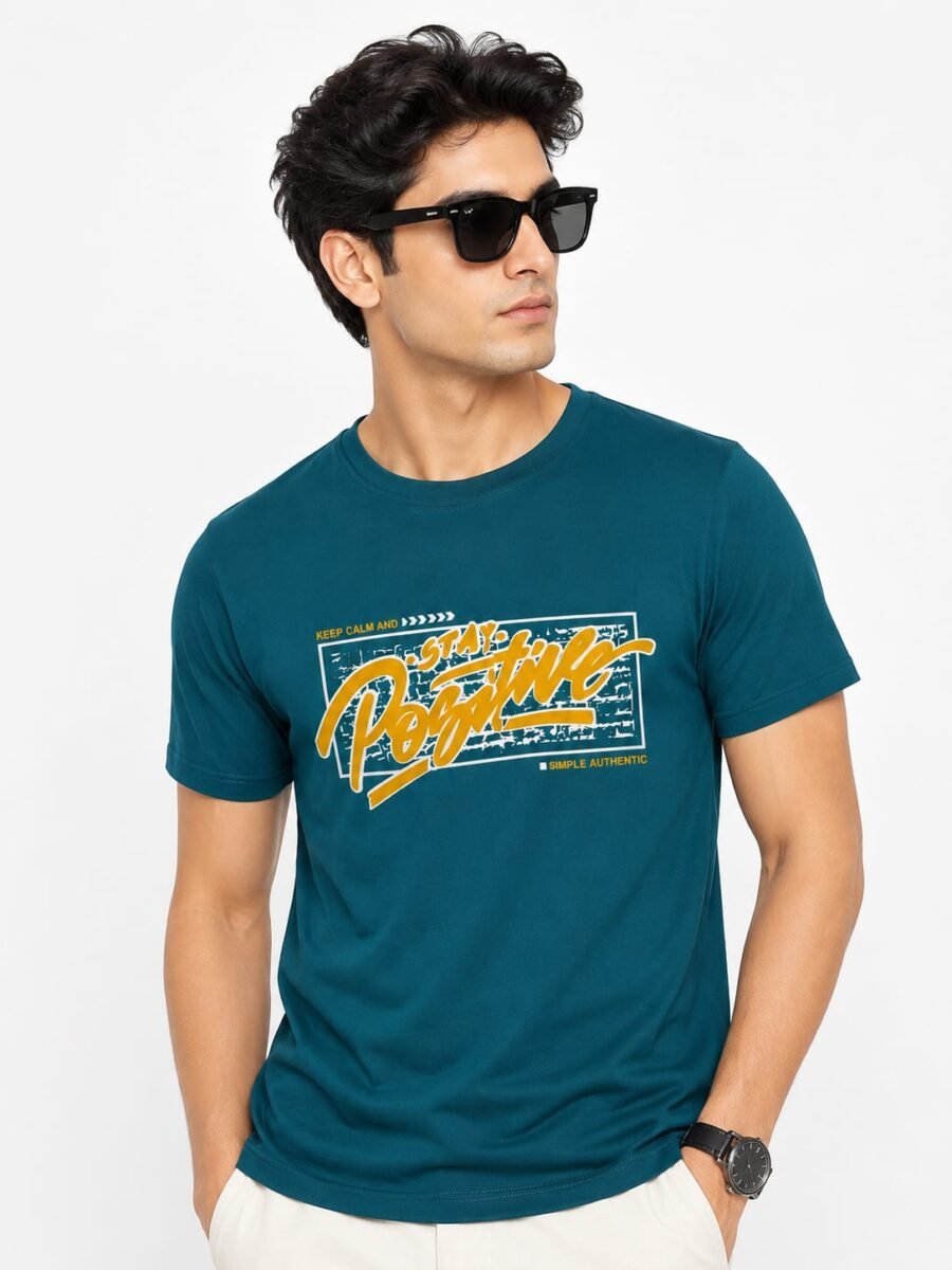 "Stay Positive" Graphic Printed Teal/Petrol Blue T-Shirt - Premium Casual Wear