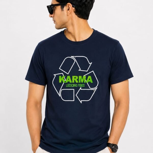 "Karma" Recycling Symbol Graphic Printed Navy Blue T-Shirt