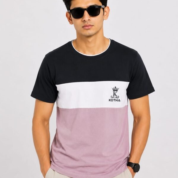 KOTHA Premium Color-Block Round Neck T-Shirt - Black/White/Mauve