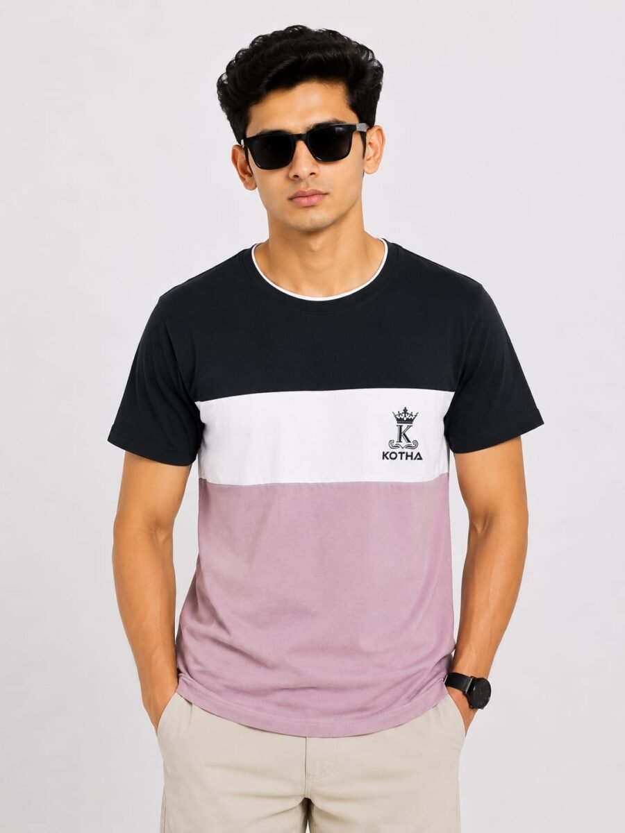 KOTHA Premium Color-Block Round Neck T-Shirt - Black/White/Mauve