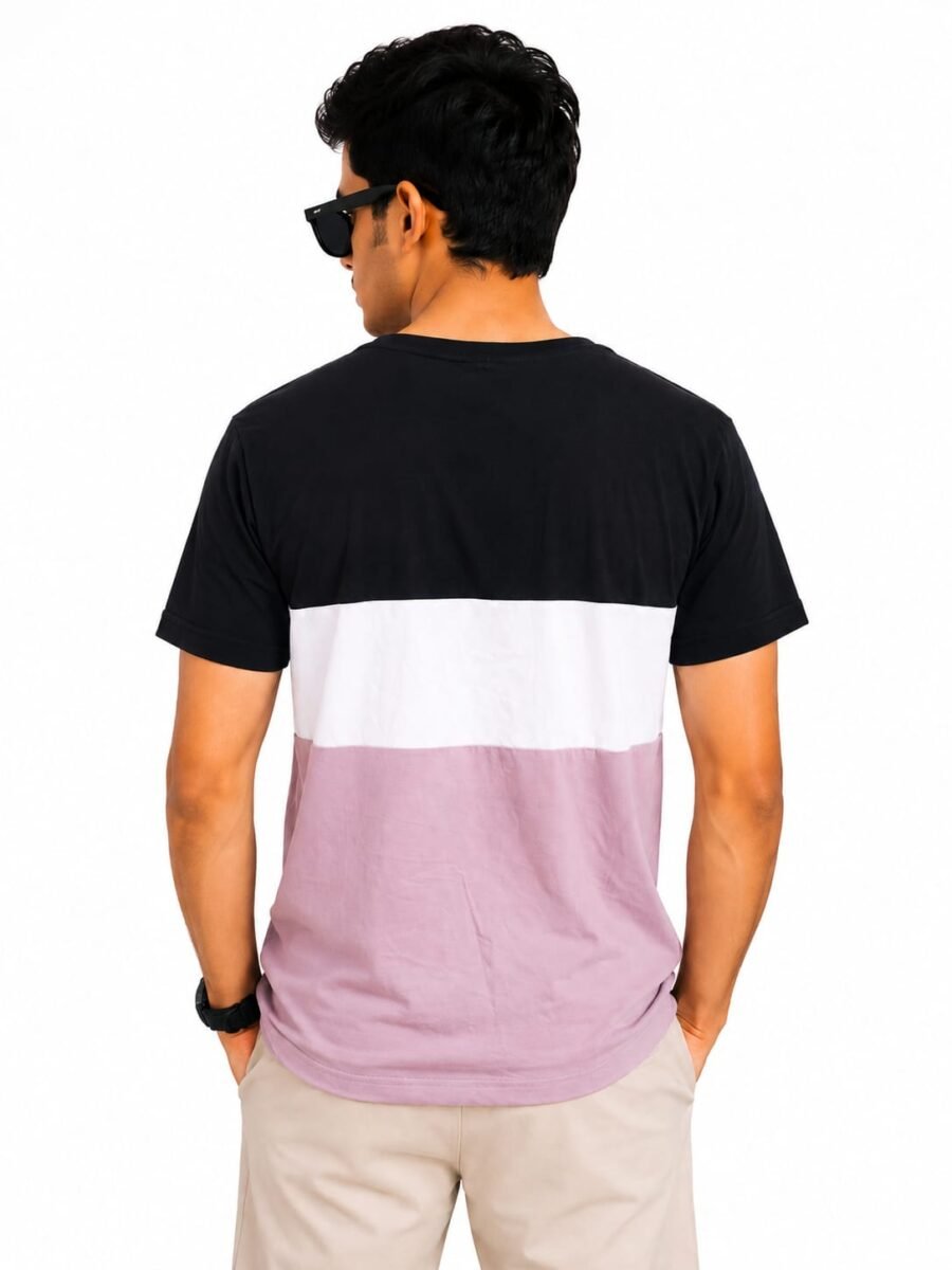 KOTHA Premium Color-Block Round Neck T-Shirt - Black/White/Mauve - Image 2