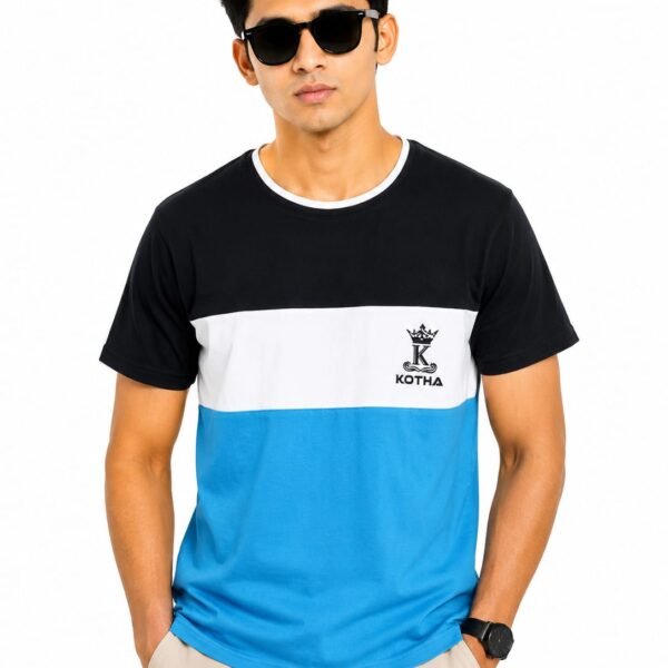 KOTHA Premium Color-Block Round Neck T-Shirt - Black/White/Blue
