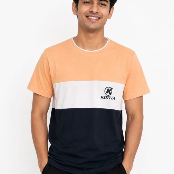KOTHA Premium Color-Block Round Neck T-Shirt - Peach/White/Navy