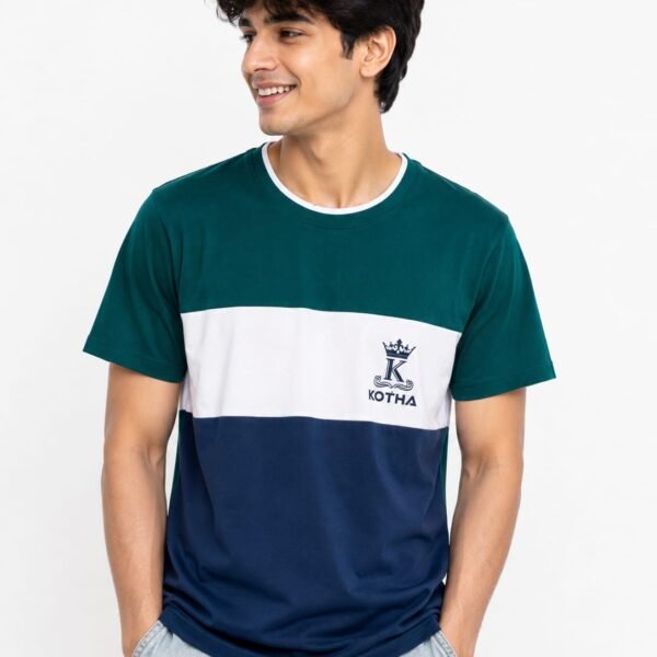 KOTHA Premium Color-Block Round Neck T-Shirt - Dark Green/White/Navy