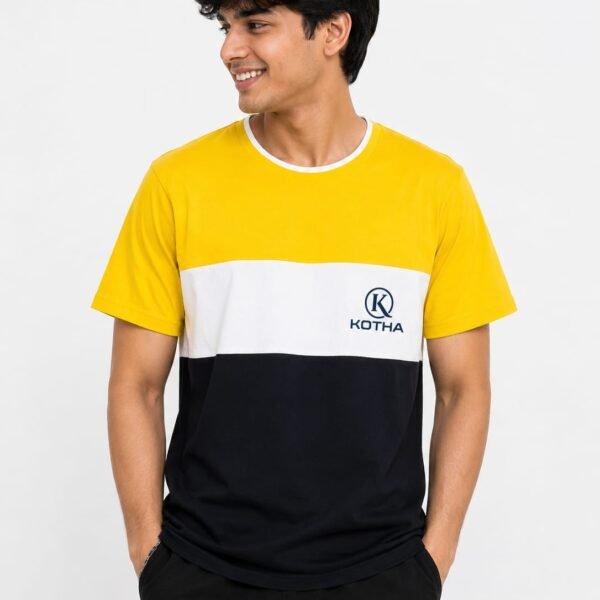 KOTHA Premium Color-Block Round Neck T-Shirt - Yellow/White/Navy