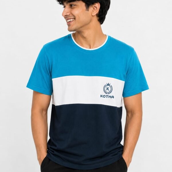 KOTHA Premium Color-Block Round Neck T-Shirt - Blue/White/Navy
