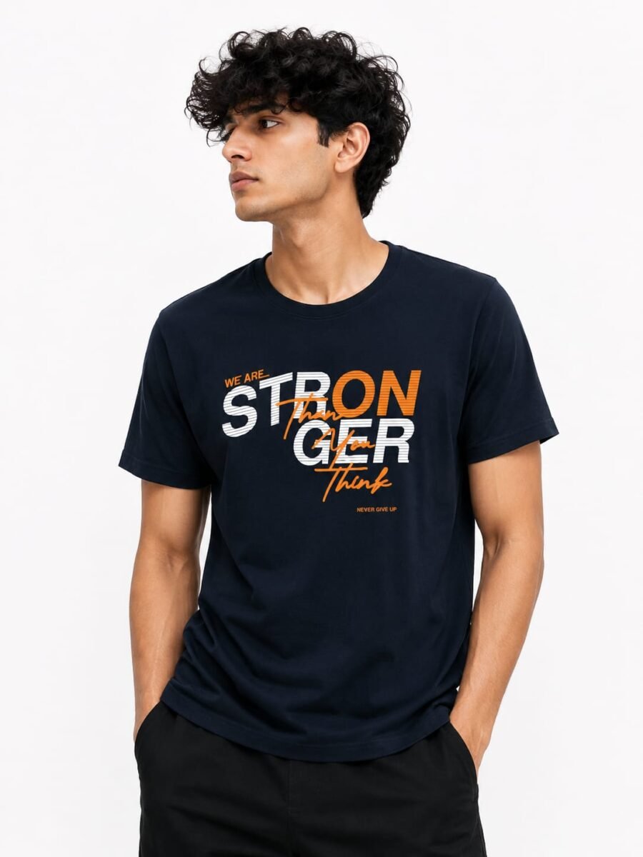 "Stronger Than You Think" Motivational Graphic Printed Navy Blue T-Shirt