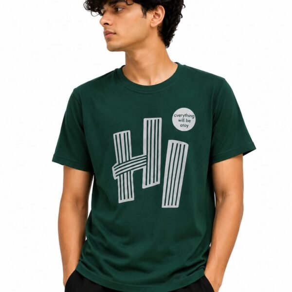 "Hi" Graphic Print Minimalist Dark Green T-Shirt